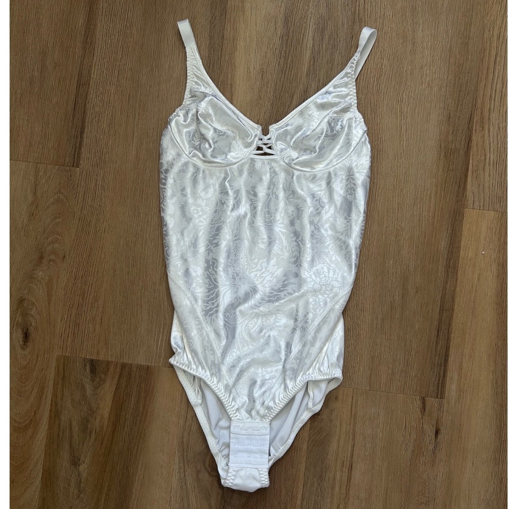 Vtg White Satin Floral Damask‎ Underwire Bodysuit Bridal Honeymoon Lingerie sexy